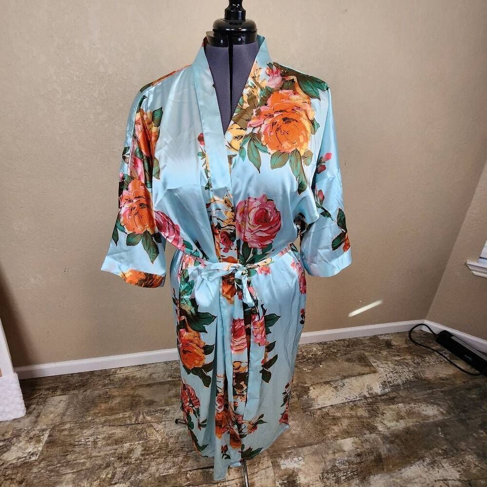 Babeyond Orange and Pink Floral on Blue Robe One Size (7364)